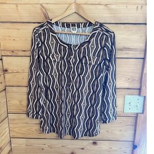 Anne Klein Brown Geometric Ikat Print Button Front Blouse Womens Medium